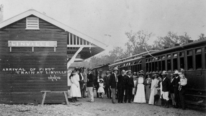 First train at Linville - John Oxley Library State Library of Queensland 21 November 1910 - wide