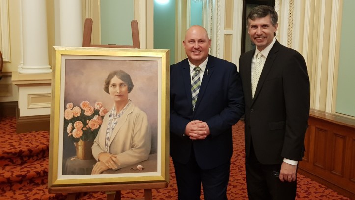 Portrait of Irene Longman, speaker Curtis Pitt, Harold Peacock